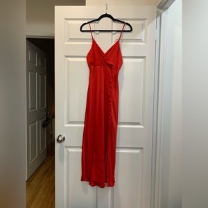 Zara Red Satin Slip Dress with Buttons
